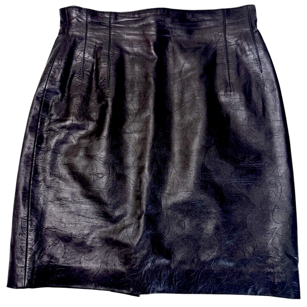 Vintage Escada Leather Skirt Black Embossed Pencil